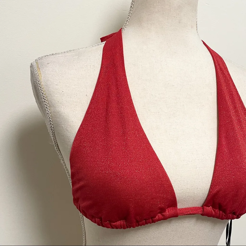 Skye Red Metallic Gold Sparkle Sliding Halter Bikini Top NWT Small Soft Cup - Image 2
