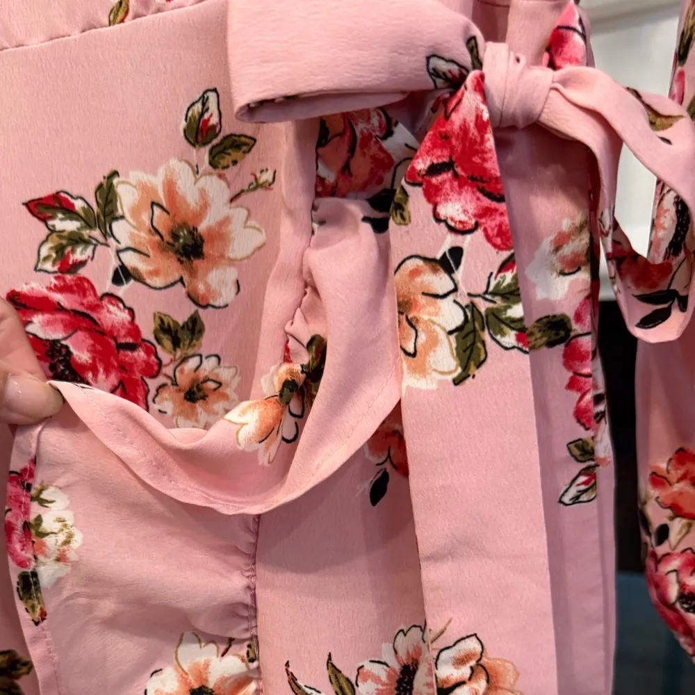 Pink Floral Ruffle Smocked Tie Large Sweetheart Puff Sleeve Ruffle Hem Dress - Image 9