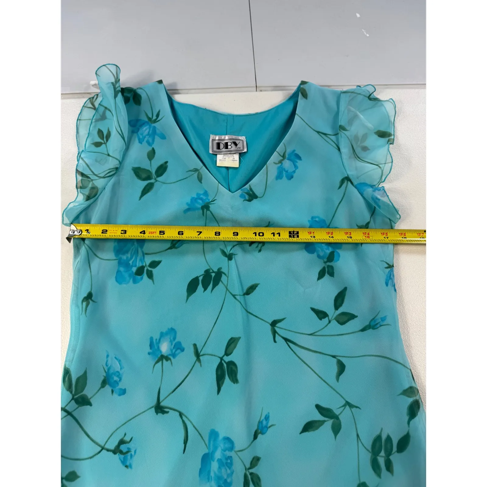 DBY Ltd Blue Floral Chiffon Dress Ruffle Sleeves Size 11/12 V - Image 3