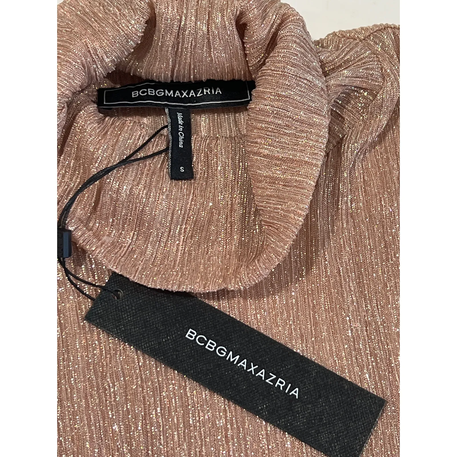 BCBGMAXAZRIA Sparkle Sheer Rose Pink Turtleneck Top Women's Size S Holiday Glam - Image 4
