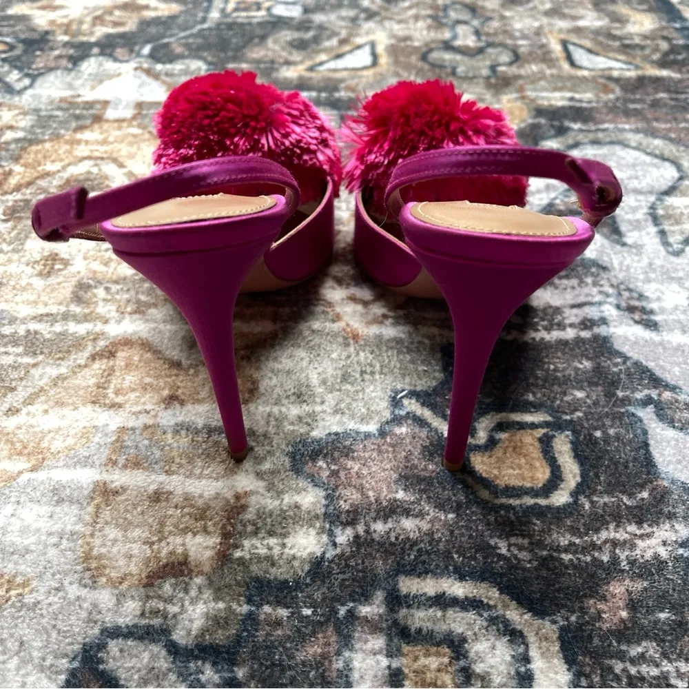 Aquazzura Satin Pom Pom Pink Slingback Heels Powder Puff Size 7 - Image 6