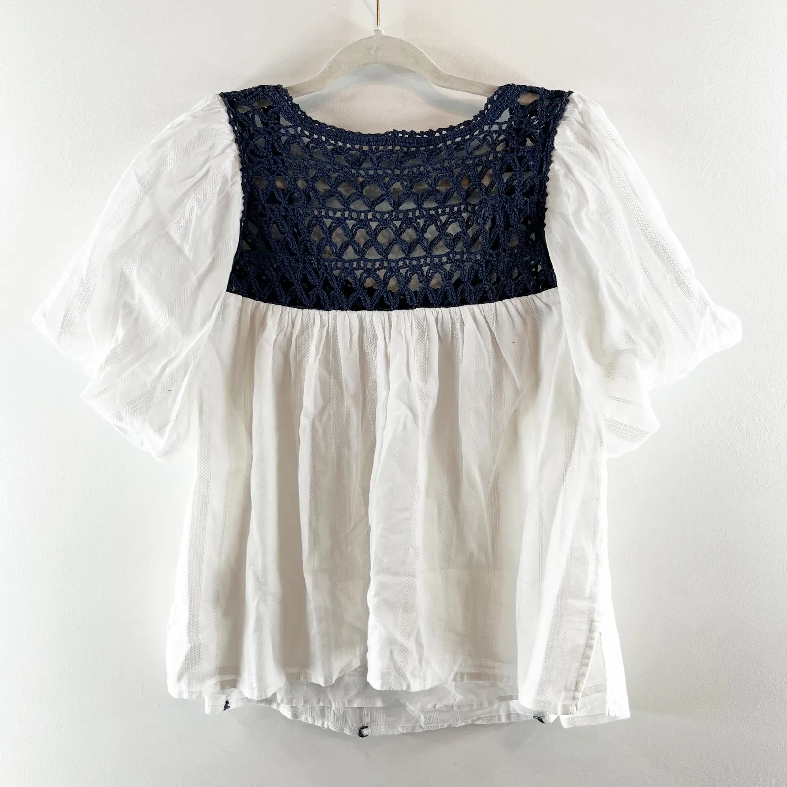 Cleobella Navi Organic Cotton Crochet Trim Puff Sleeve Blouse Top White Navy XS - Image 7