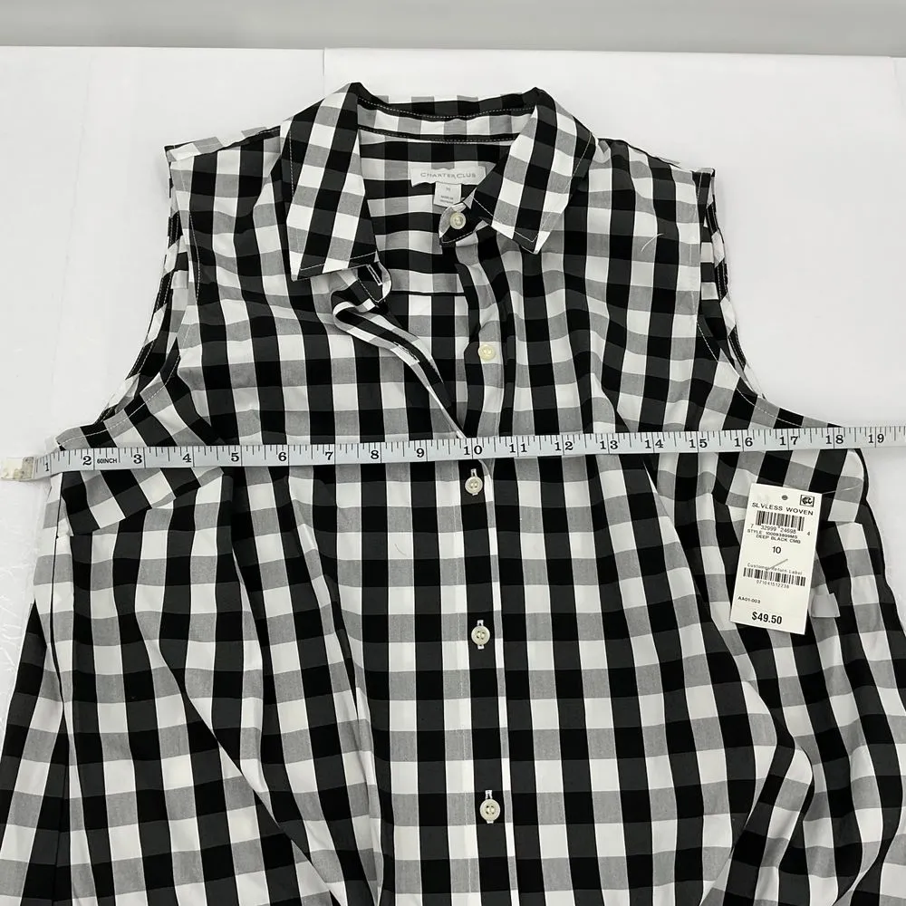 Charter Club Women Gingham,Print Tie,Hem Shirt, Deep Black Size 10 (Z137)‎ - Image 3