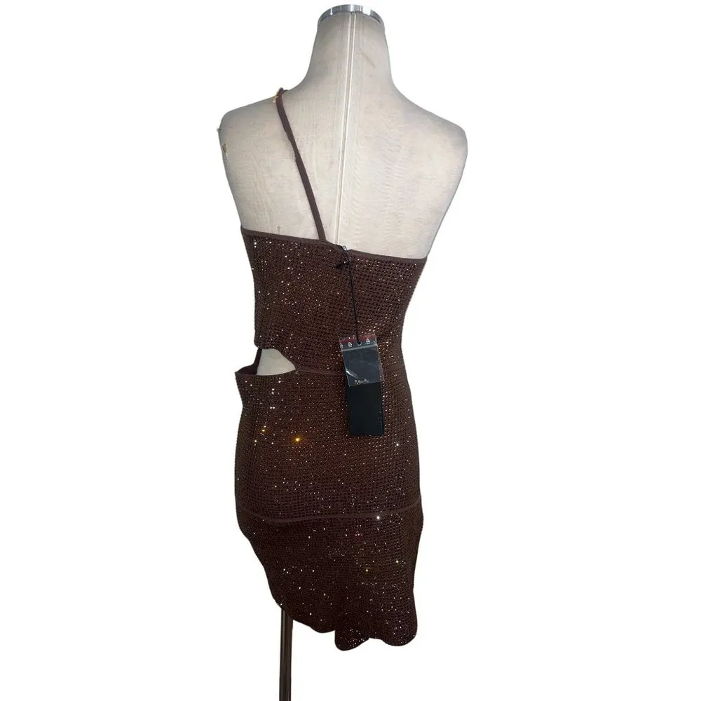 ANDREADAMO Full Strass Mono Shoulder Mini Dress in Brown Large New Womens - Image 8