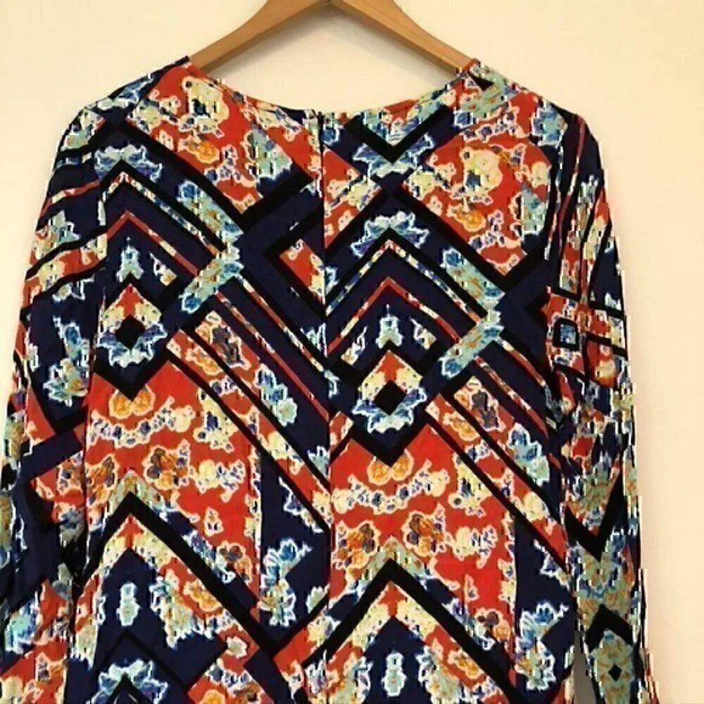 WAYF Red Blue Black Multi Floral Geometric Aztec Boho Long Sleeve Shift Dress XS - Image 9