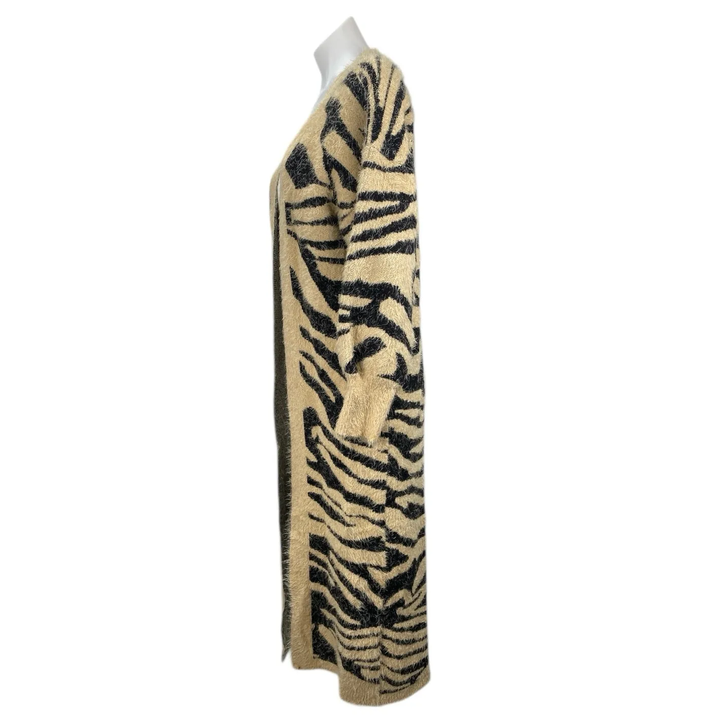 Women's Beige Black Tiger Print Eyelash Knit Longline Cardigan Sweater Top Sz S - Image 2