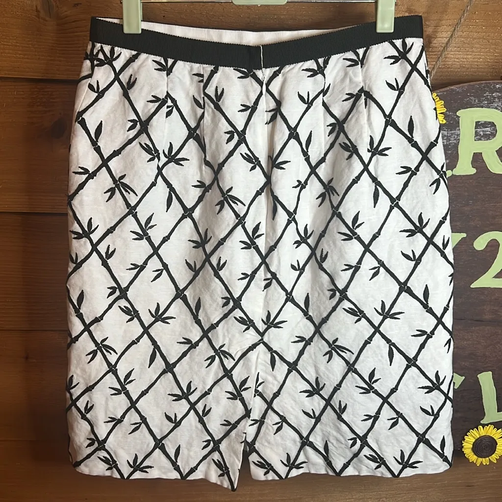 Talbots Linen Black White Midi Embroidered Leaf Bamboo Stripe Lined Pencil - Image 2