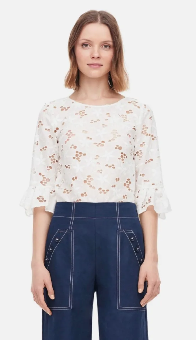 Rebecca Taylor Adriana Floral Eyelet Ruffle Sleeve Sheer Pullover Blouse White 2 - Image 1