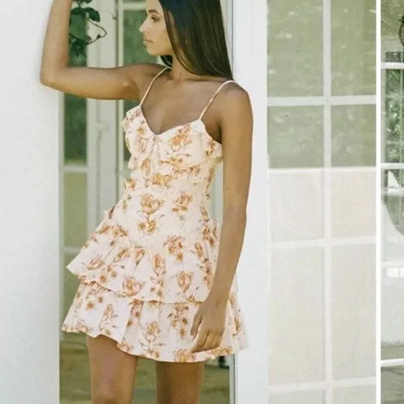 Sabo Skirt Selma Cami Ruffle Tiered Dress Size S White Orange Yellow Floral - Image 3