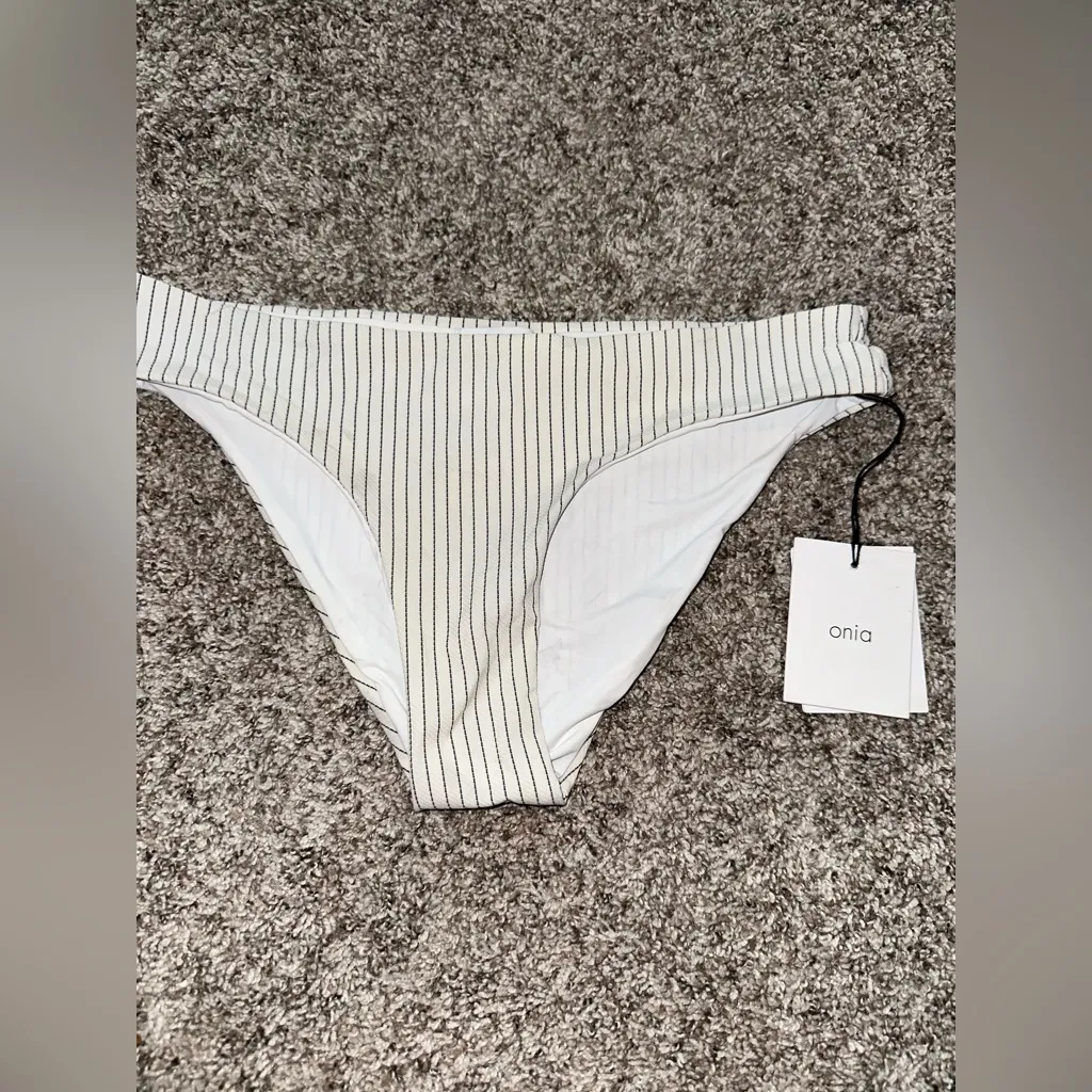 Onia Lily Bikini‎ Bottom Mid Rise Hipster Pinstripe Charcoal White NWT Size XL - Image 2