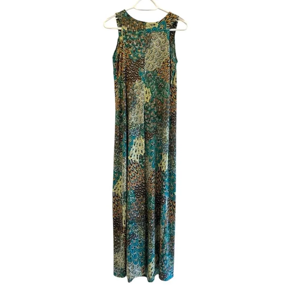 Ellen Parker Peacock & Paisley Pull On Scoop Neck Maxi Dress Green Brown Medium - Image 4