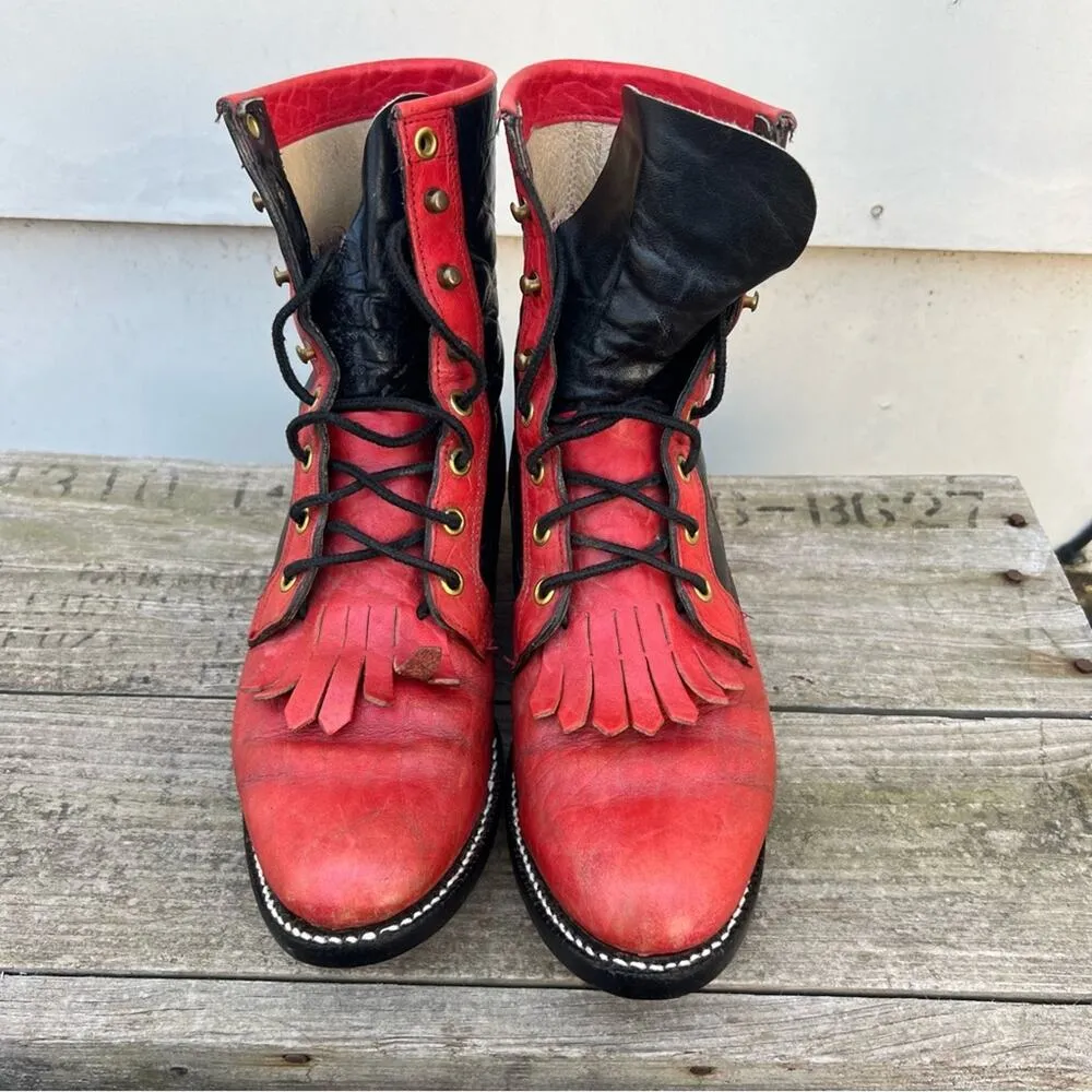 Vintage 80s Justin Roper Kilte Fringe Toe Lacer Black Red Goth Punk Granny Boots - Image 2
