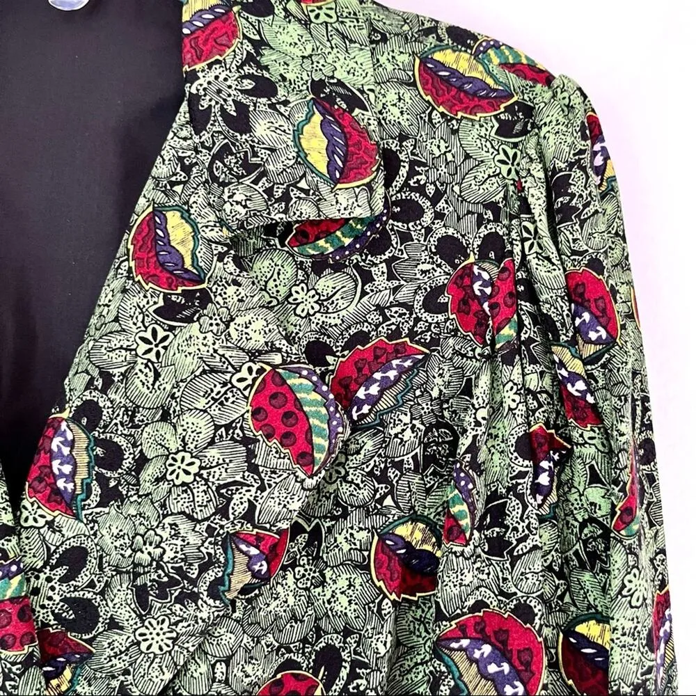 Vintage Stanley Platos green multi floral wrap tie waist blouse size 4 - Image 3