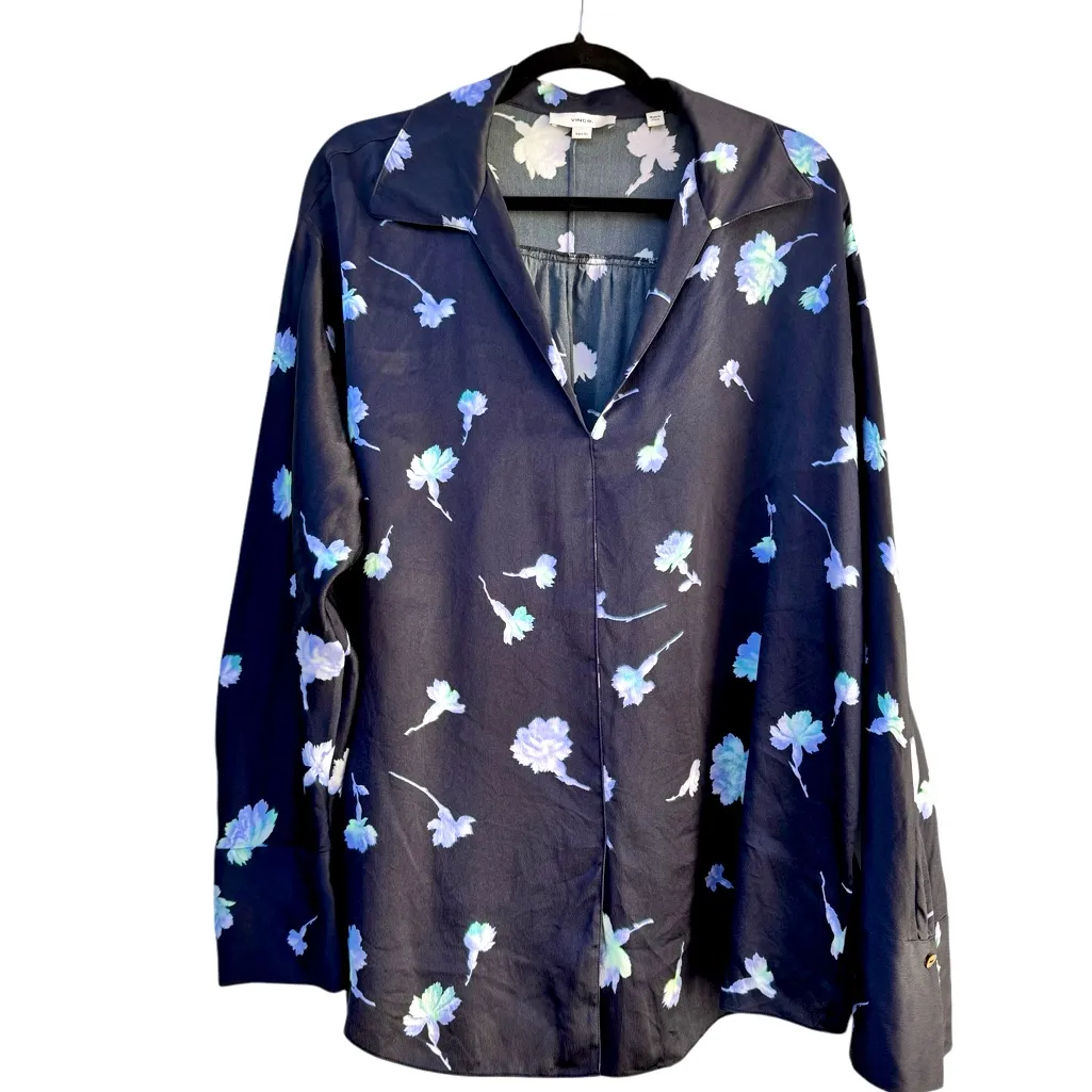 Vince 100% Silk Sea Carnation Floral Blouse 1X XL Navy Blue Floral Designer Top - Image 4