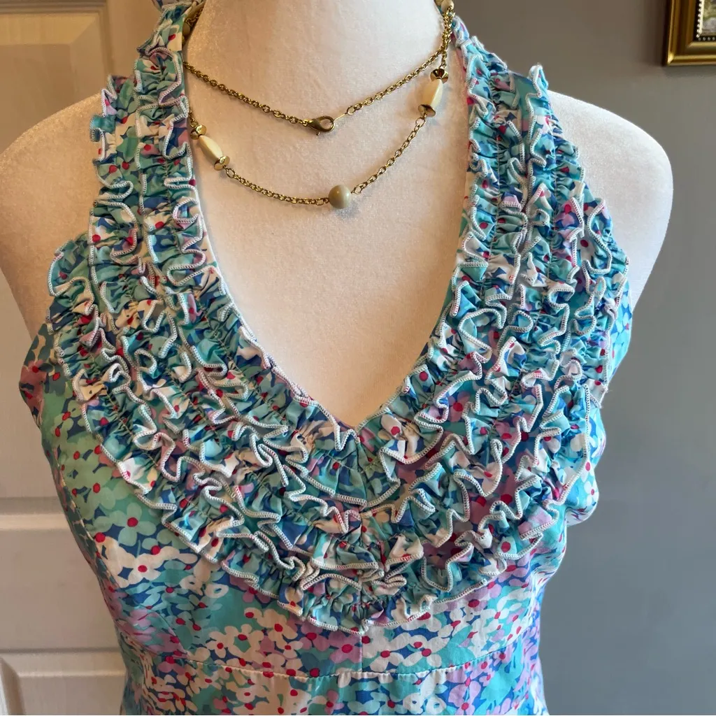 Lilly Pulitzer Vibrant Blue Patterned Backless Halter Dress Floral Size 2 - Image 3