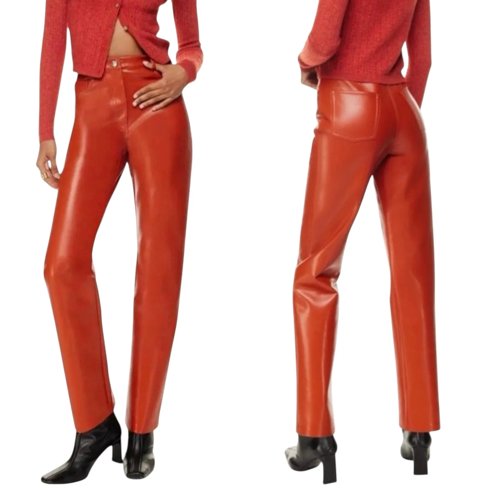Aritzia Wilfred Melina High-Waisted Vegan Leather Pants 4 Revel Red Orange - Image 2