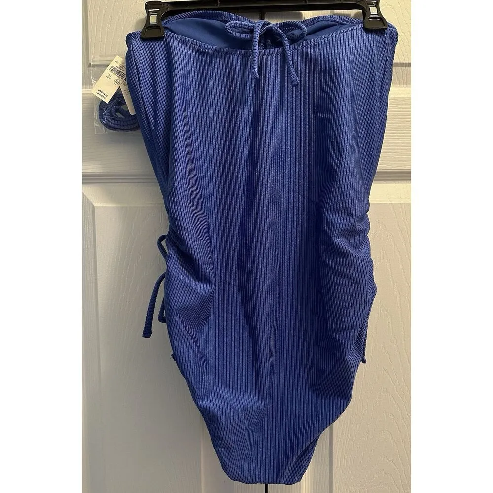 Aerie Ribbed Blue One Piece Cheeky Ruched Convertible Swimsuit Size Large NEW - Image 2