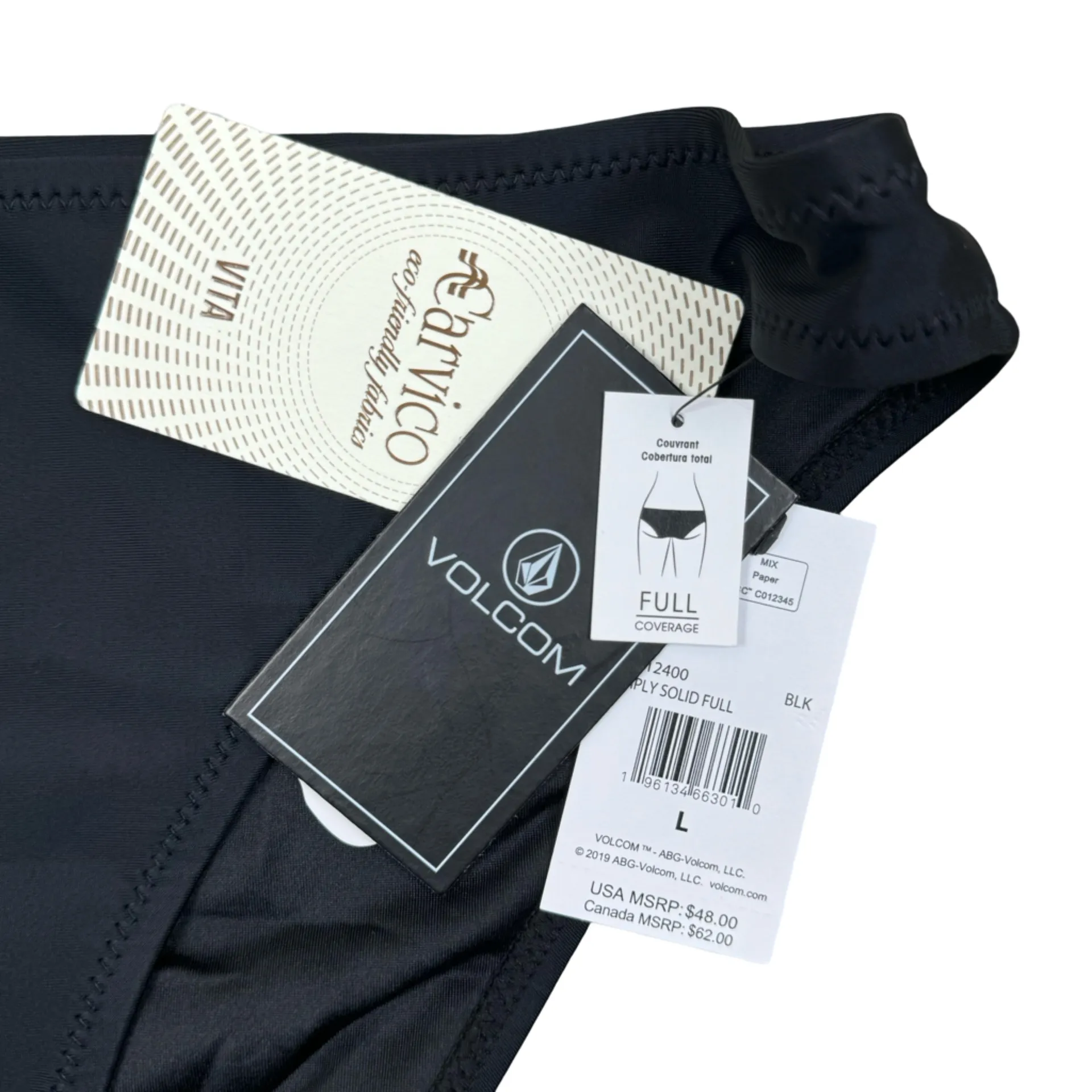 Volcom NWT  Simply Solid Classic Black Full Coverage Bikini Swimsuit Bottom Large - Image 2