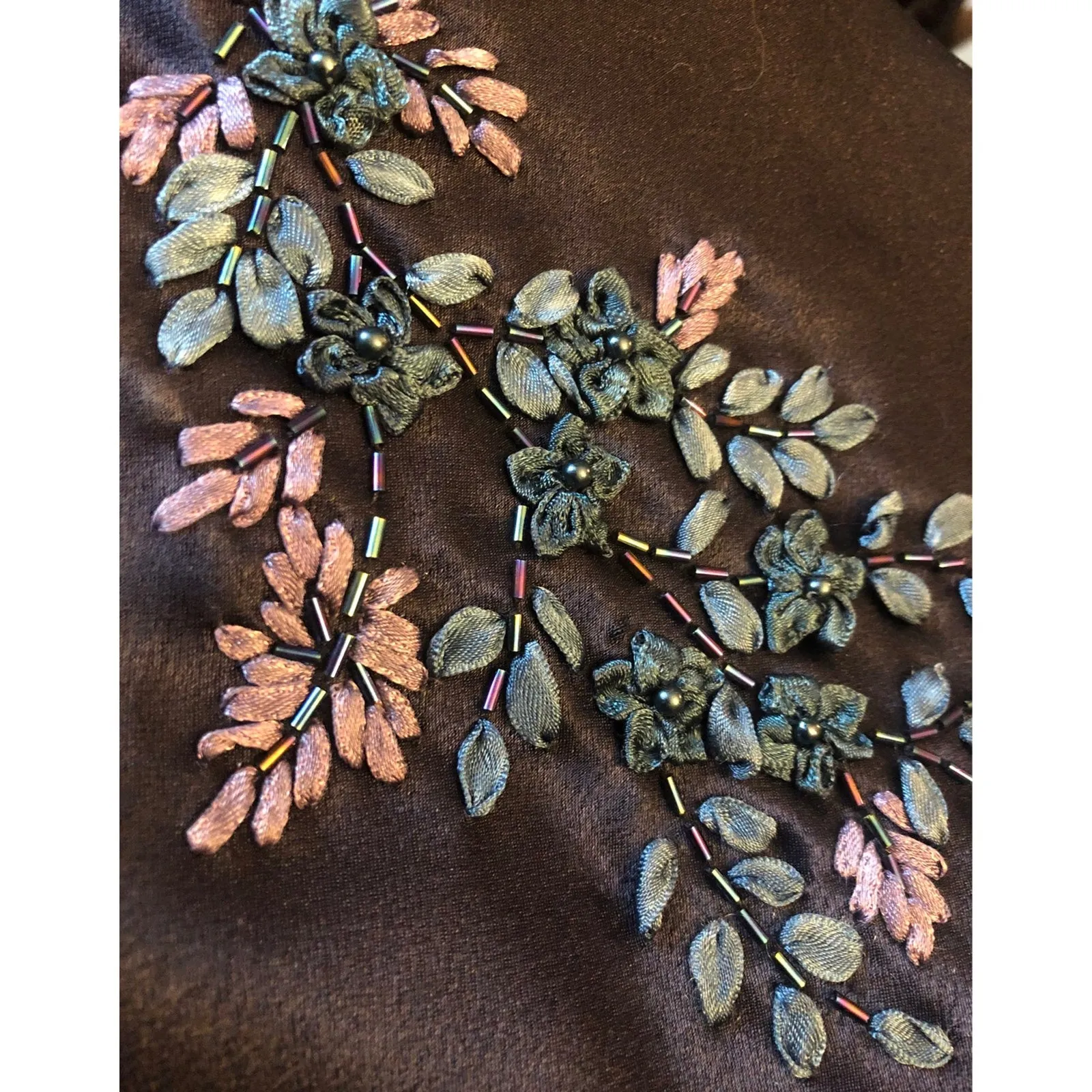 Y2K Alex Evenings navy beaded slip cowl neck floral satin formal Gown small - Image 13