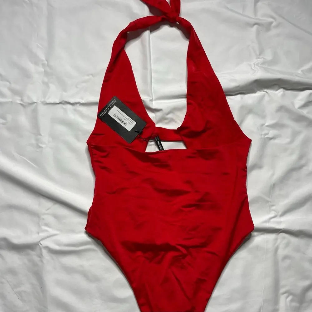 PrettyLittleThing Shape Red Cut Out Front Halterneck Swimsuit - Image 9