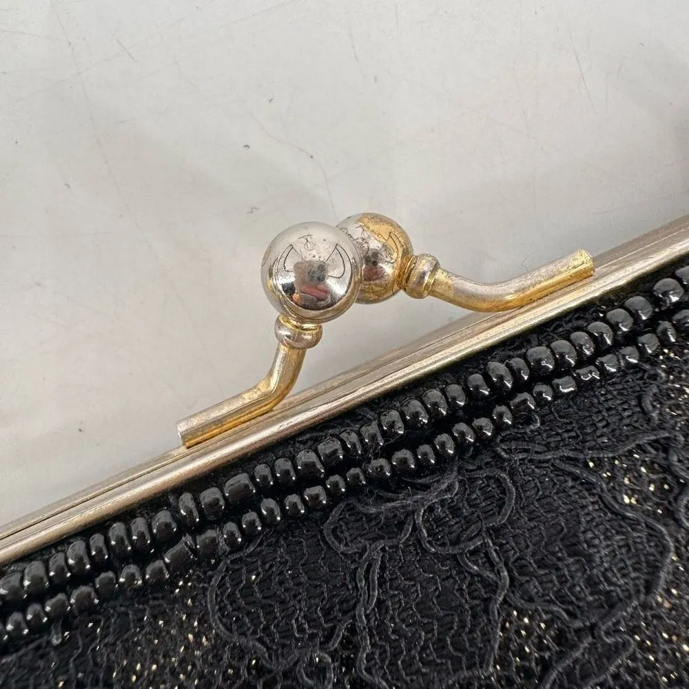 Le Regale Beaded Metallic black & gold Clutch Evening hand bag  rope chain small - Image 14