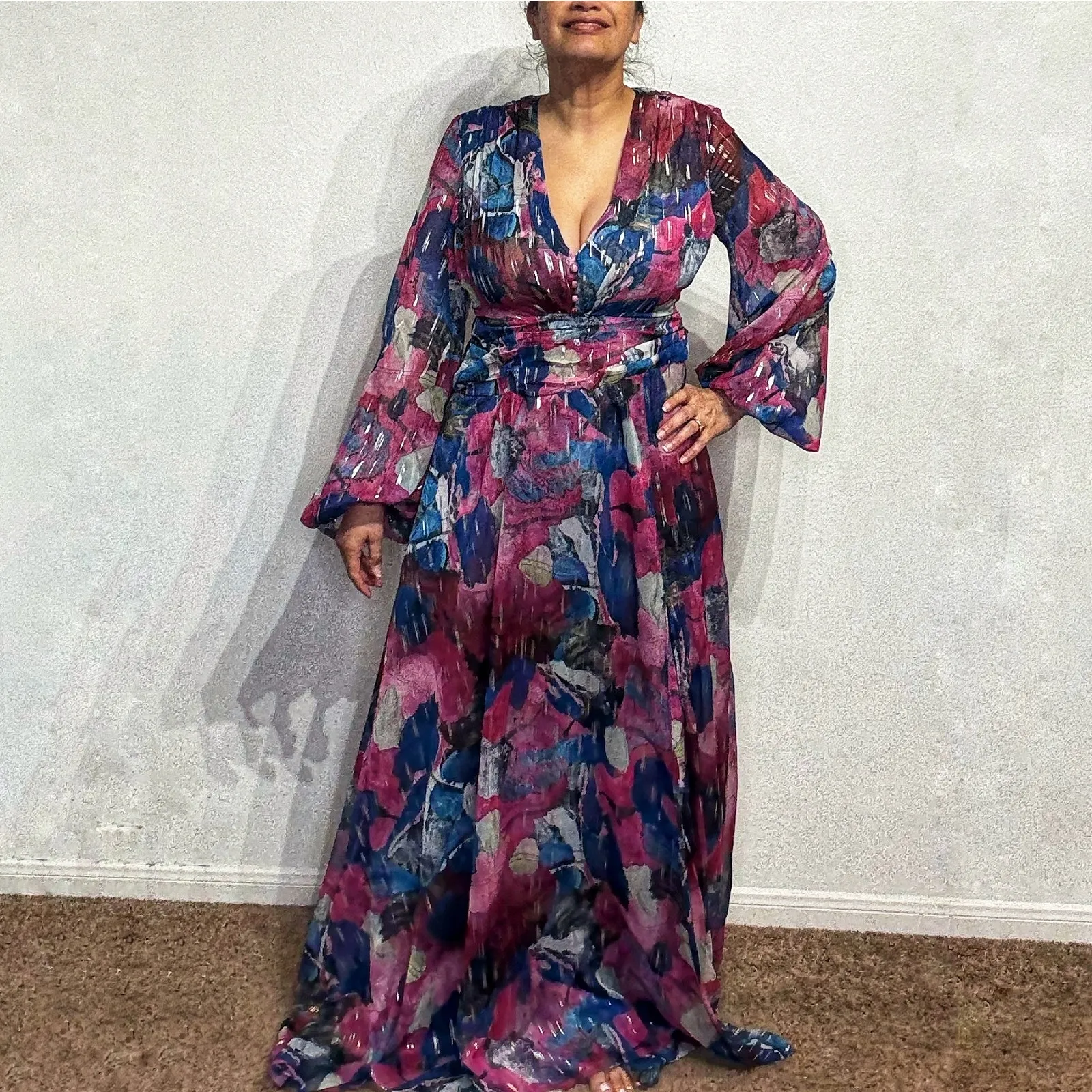 Adrienne Landau Floral Watercolor Draped High Slit Deep V Maxi Gown Sz 12 NWT - Image 2