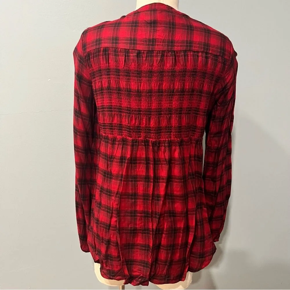 NWT Knox Rose Red Plaid Long Sleeve Smocked Button-Front Top Size Small - Image 5