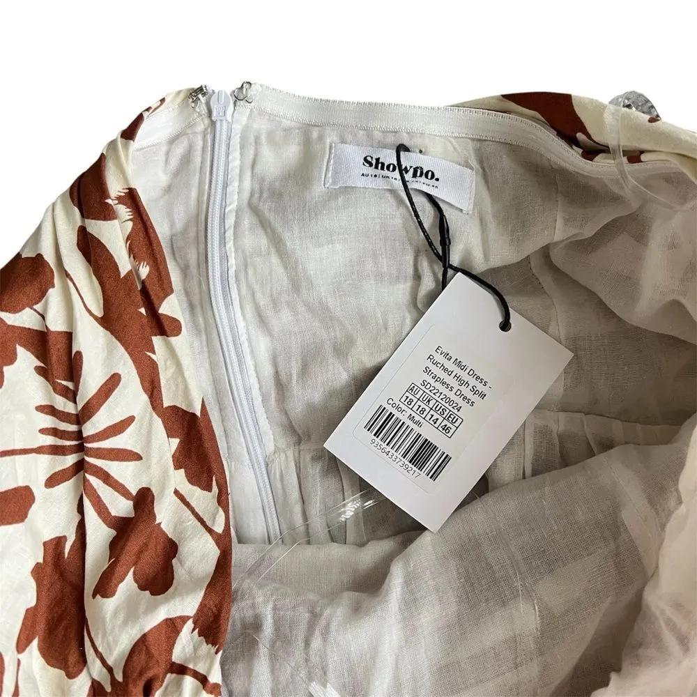 Showpo Evita Floral Midi Dress Ruched High Split Strapless NEW S - Image 8