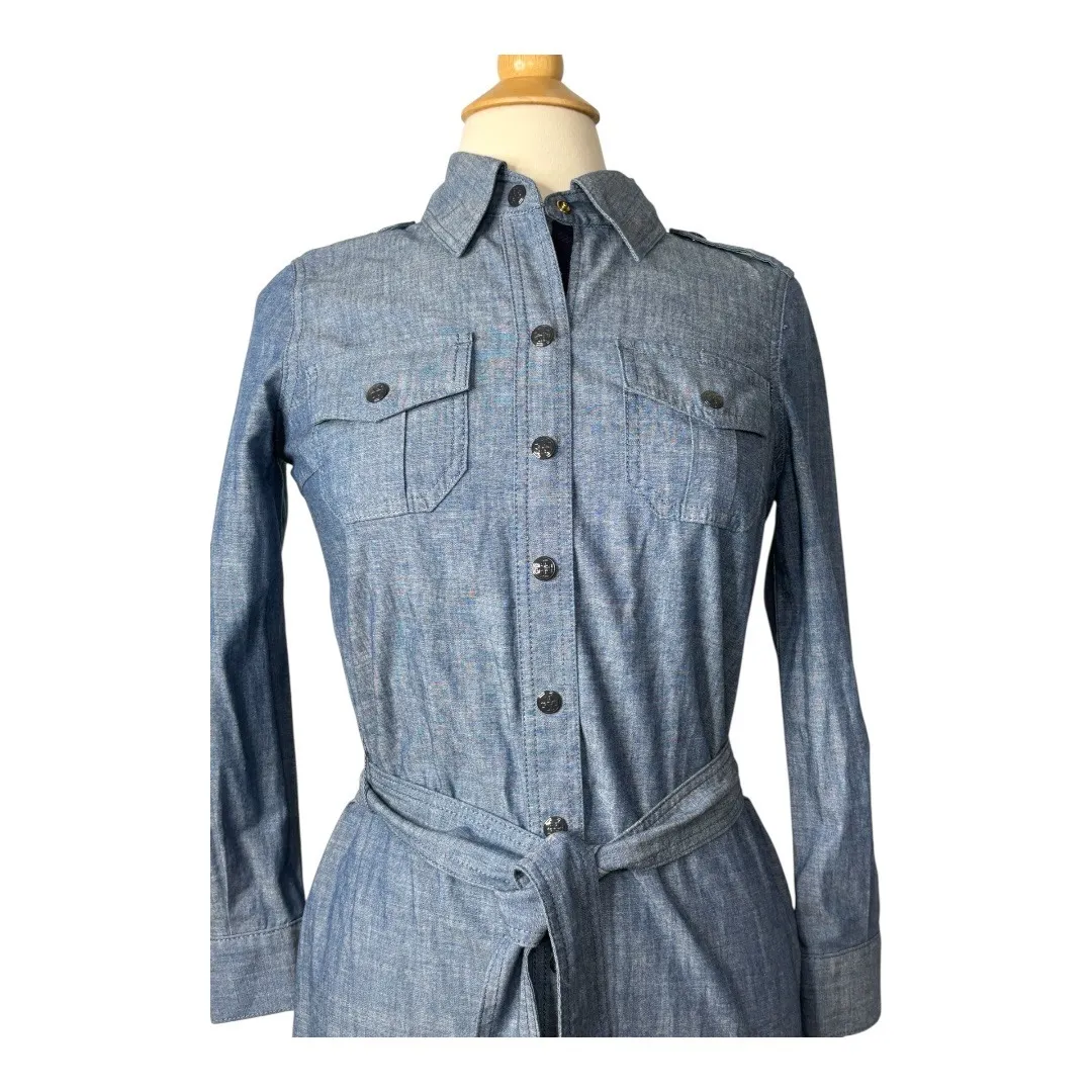 Tory Burch Cora Chambray Shirt Dress Stonewash Belted Long Sleeve‎ Blue Size 2 - Image 5