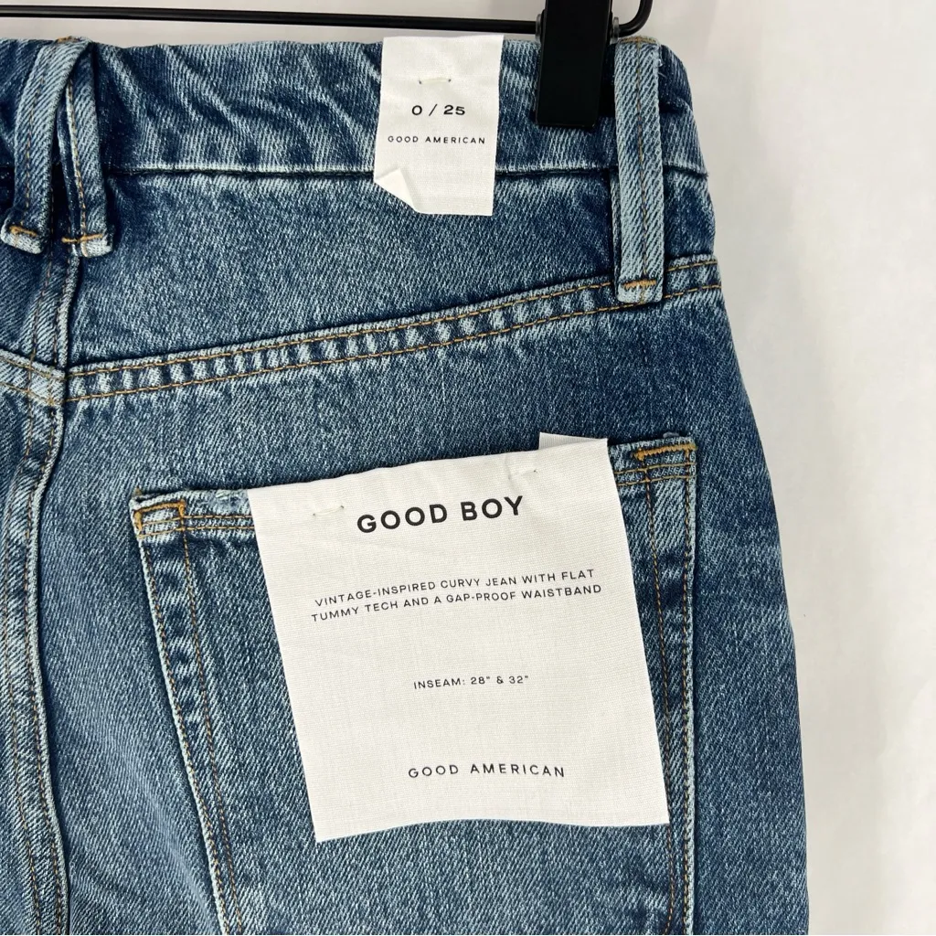 Good American Good Boy Side Fray High Rise Medium Wash Blue Straight Leg Jeans 0 - Image 13