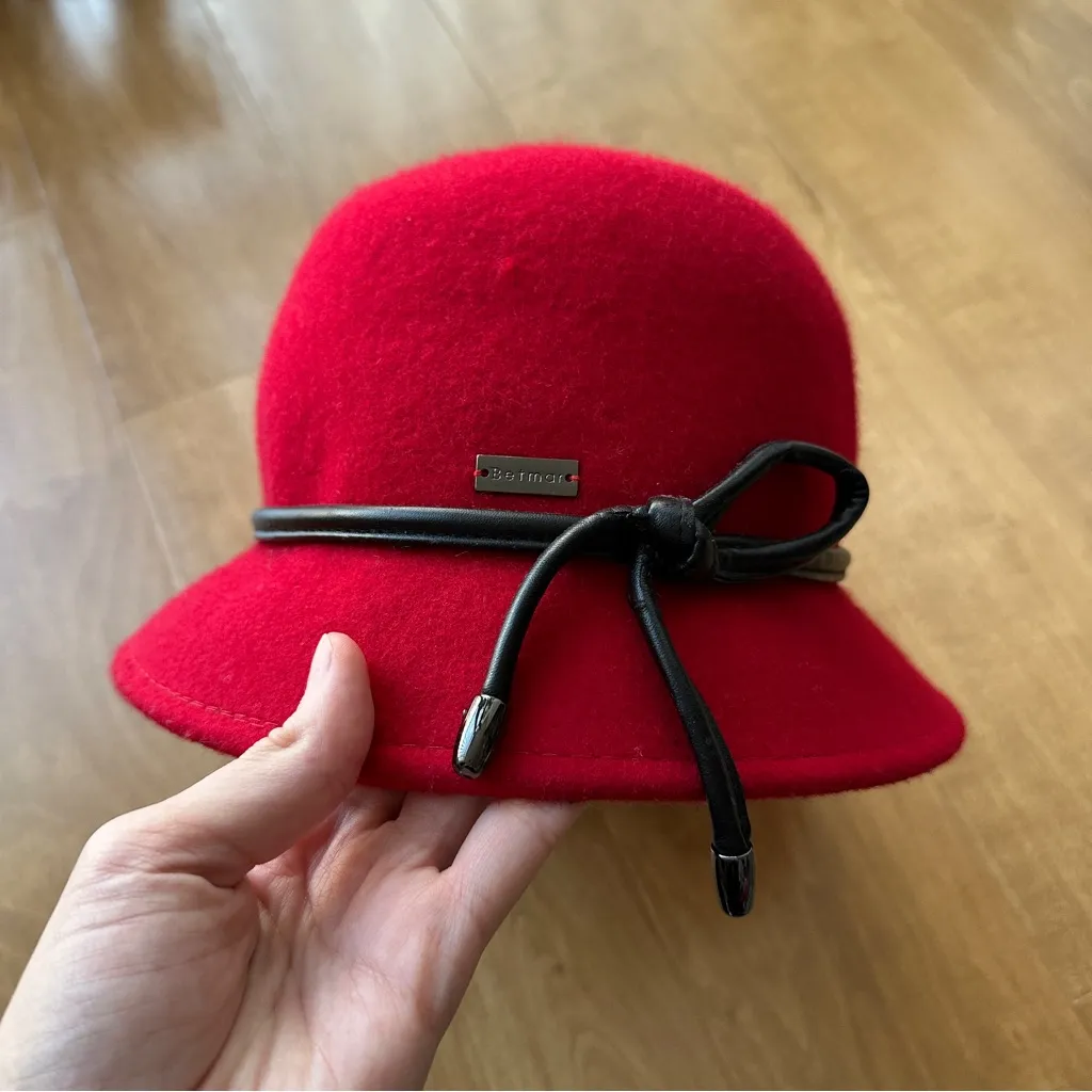 Betmar Women’s Valerina Red Wool Hat with Black Leather Bow - Image 3