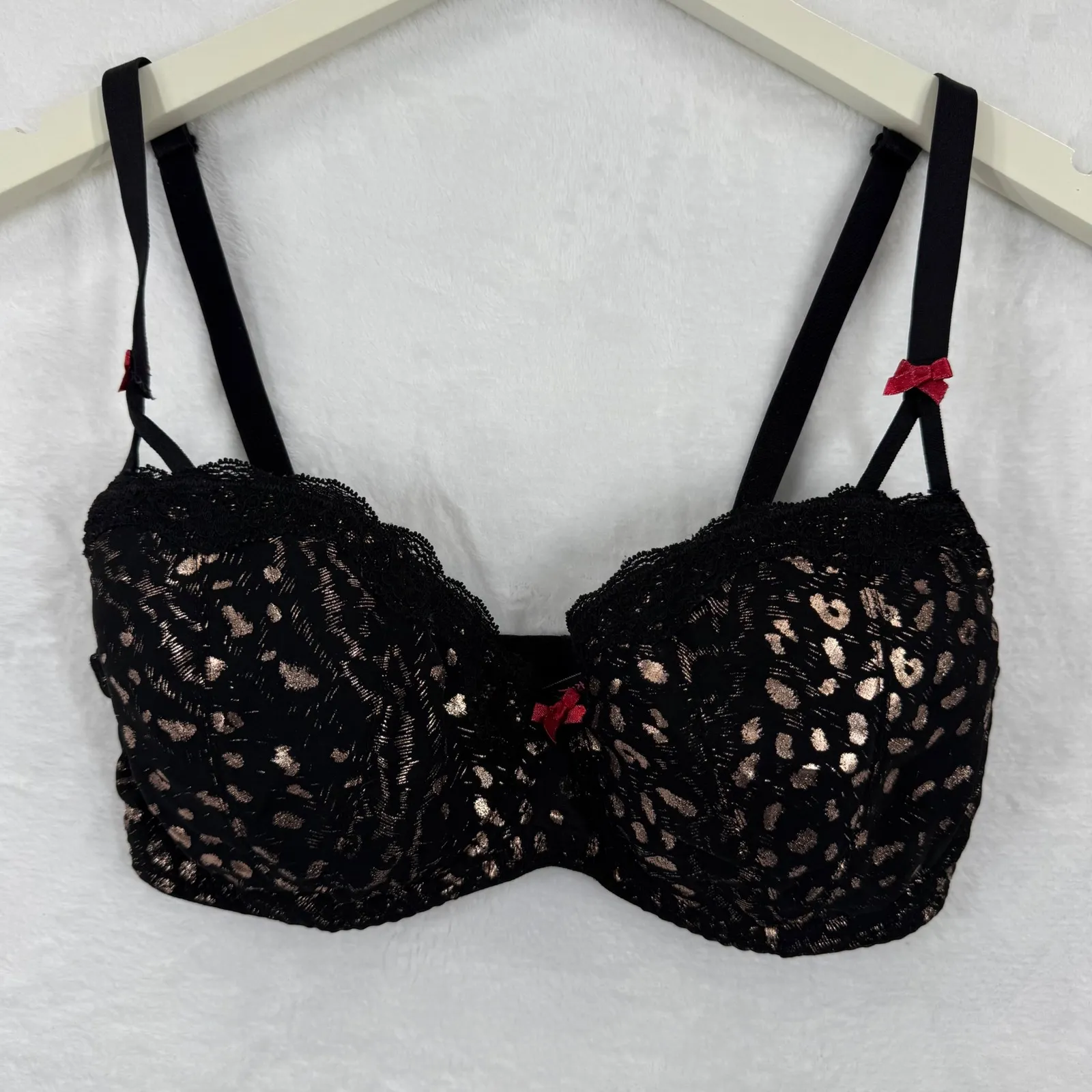 Betsey Johnson Intimates Black Leopard Print Bra 34DD Underwire Lace Bow Black Size undefined - Image 1