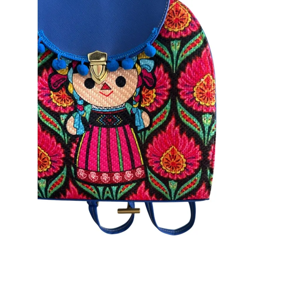 HANDMADE Mexican Inspired Muneca Doll Backpack Blue - Image 4
