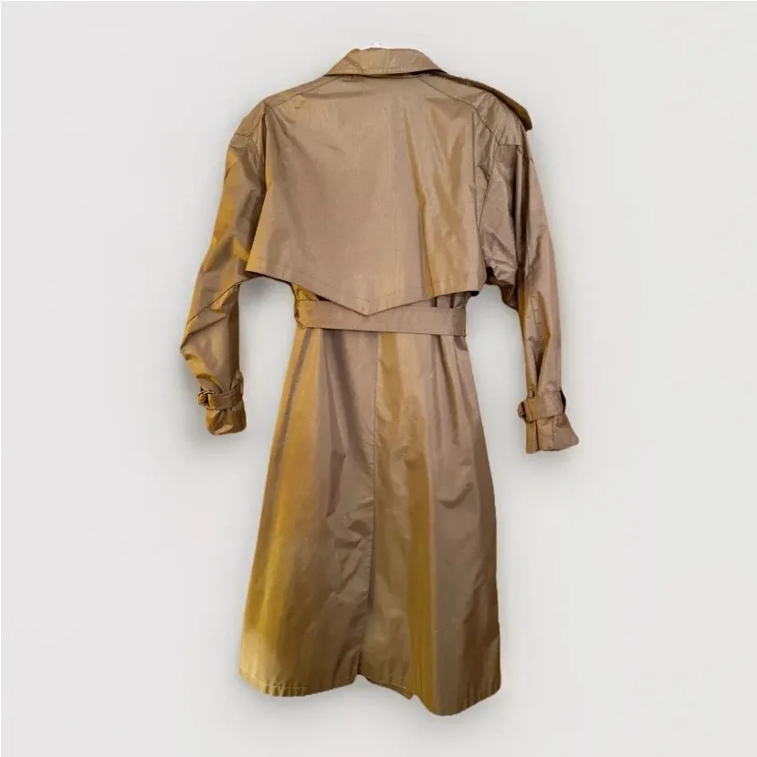 Worthington Essentials Womens 10P Olive Trench Coat Vintage Petite Raincoat Belt Tan - Image 2