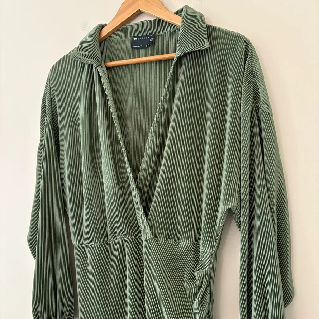 ASOS Women's Plisse Wrap Midi Dress Collared with Blouson sleeves Green Size 10 - Image 13