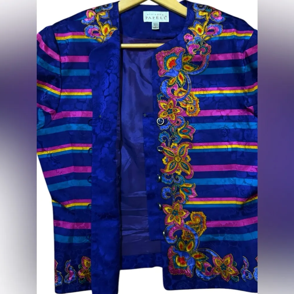 EXCELLENT Vintage Adrianna Papell Silk 2Piece Suit Blazer Skirt Stripe Floral 12 - Image 8