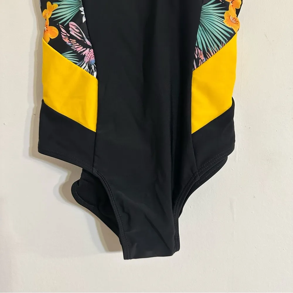 Yellow and Black Floral Women Swim One Piece SZ S - Image 6
