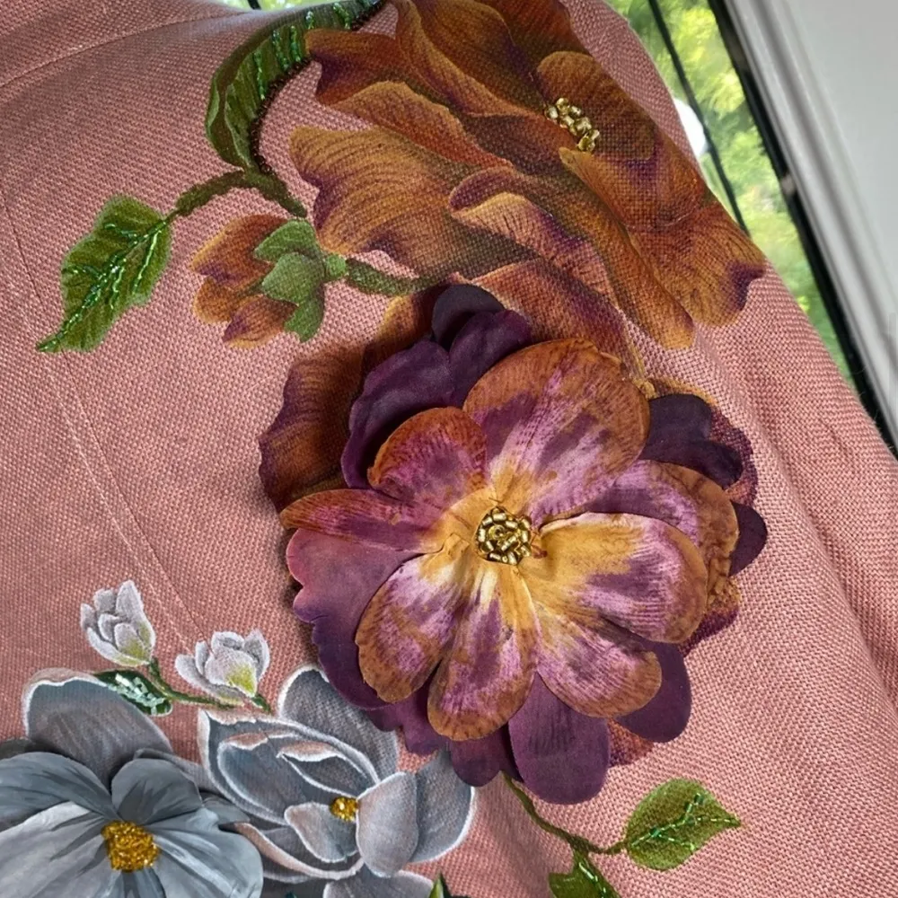 Beautiful Hand Painted Floral & Beaded Linen Jacket Sz L Pink Size L - Image 8