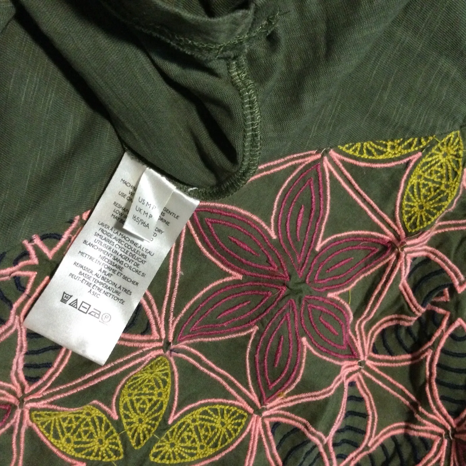 Maeve Anthropologie Embroidered Floral Sleeve Raglan T Shirt Olive Green M Size M - Image 10