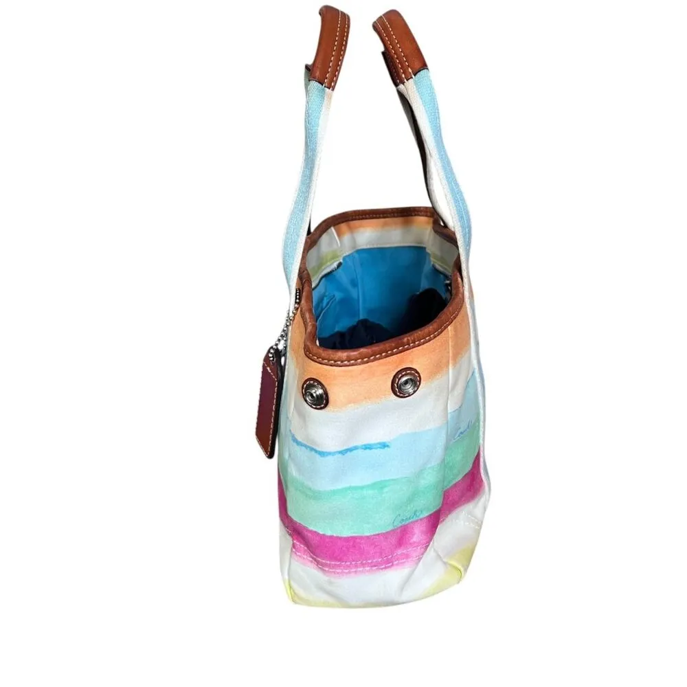 COACH Hampton Watercolor Canvas Leather Handbag Purse Pastel Stripe Colorful S/M - Image 4