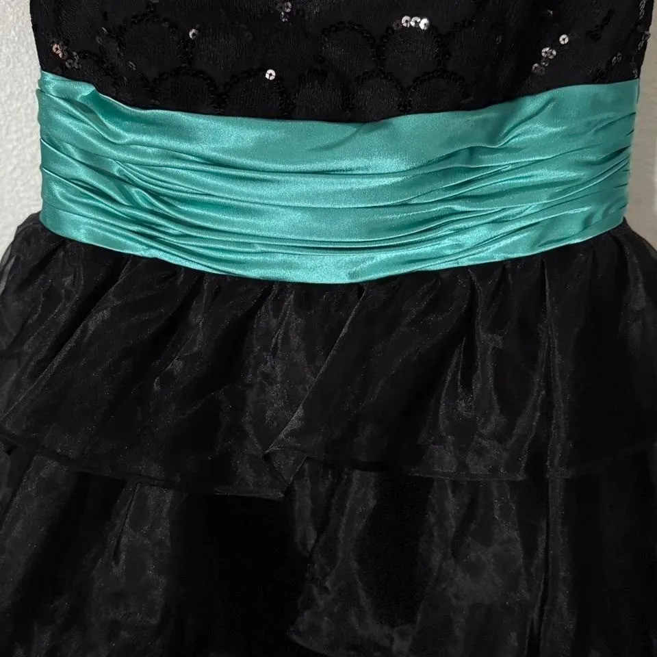 David's Bridal Black Teal Strapless Tiered Ruffle Sequin Dress Size 12 - Image 5