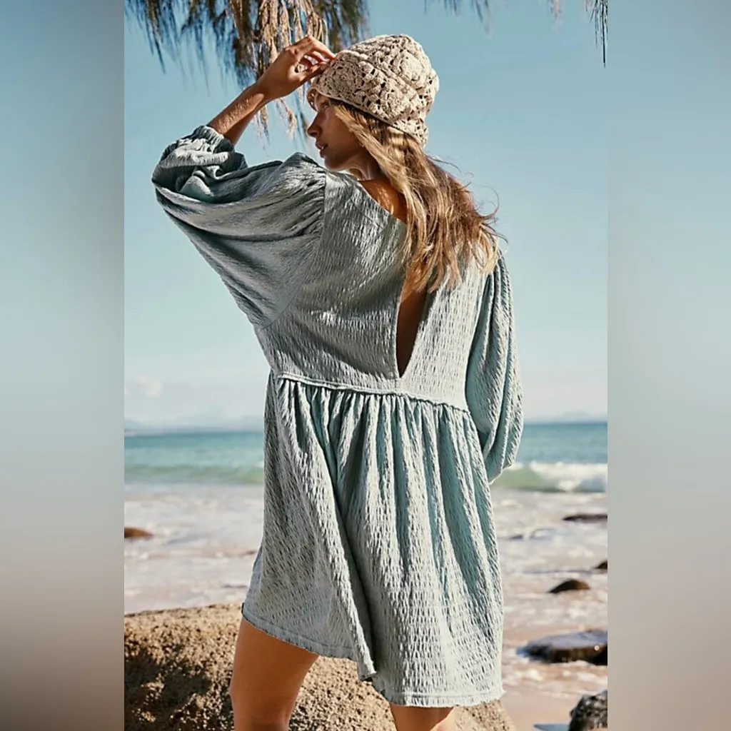 Free People Beach Get Obsessed Tiered Gauzy Babydoll Dress Light Blue‎ Size XS/S - Image 7