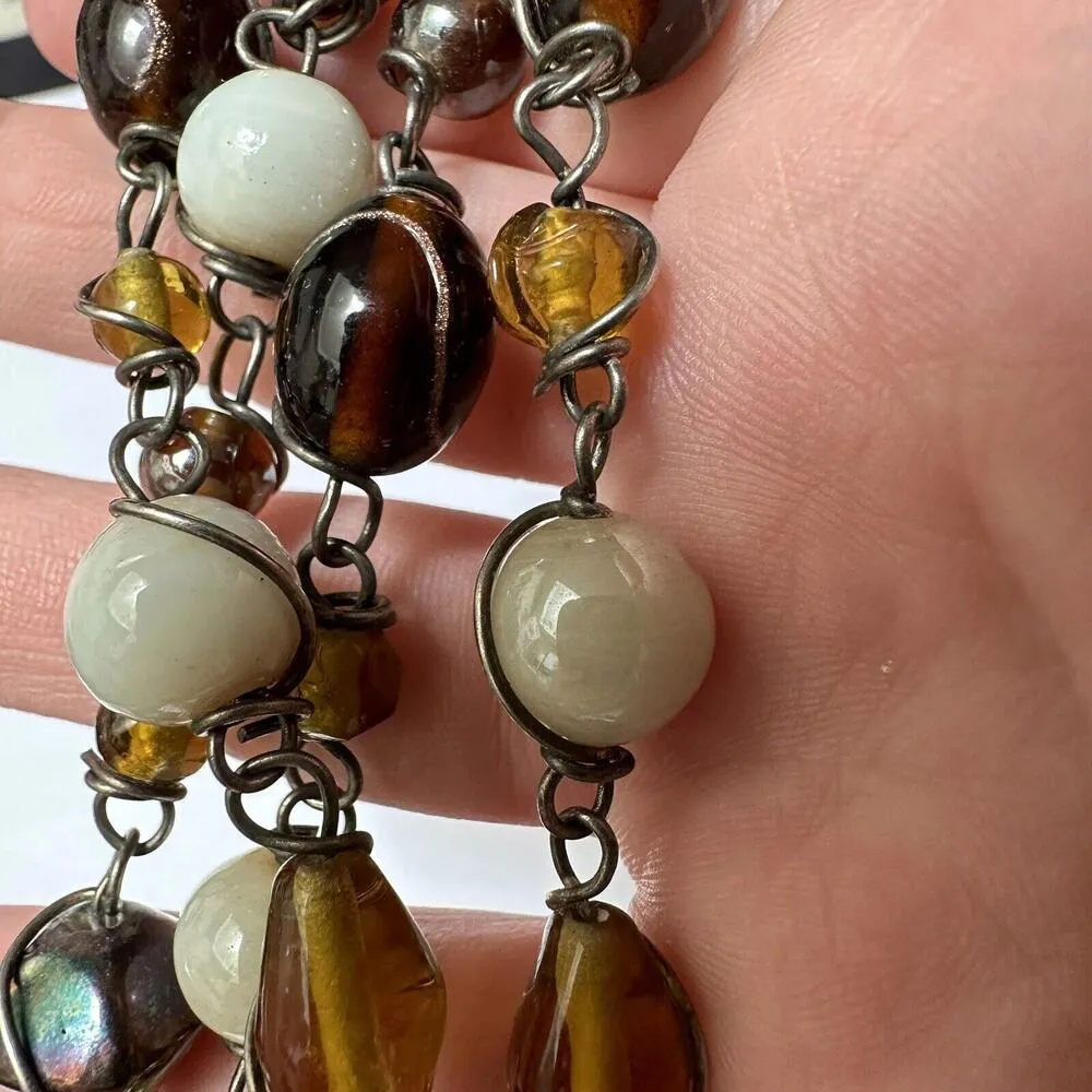 Handmade Glass Brown, Off White, Amber Color Etc Silver Tone Necklace 35 Inch - Image 9