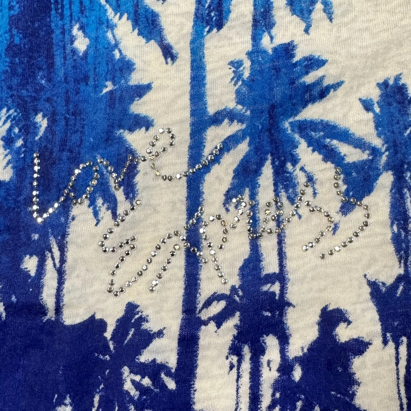 Express Crop White Tee Shirt Womens Medium Blue Palm Trees Semi Sheer Bling Love - Image 3