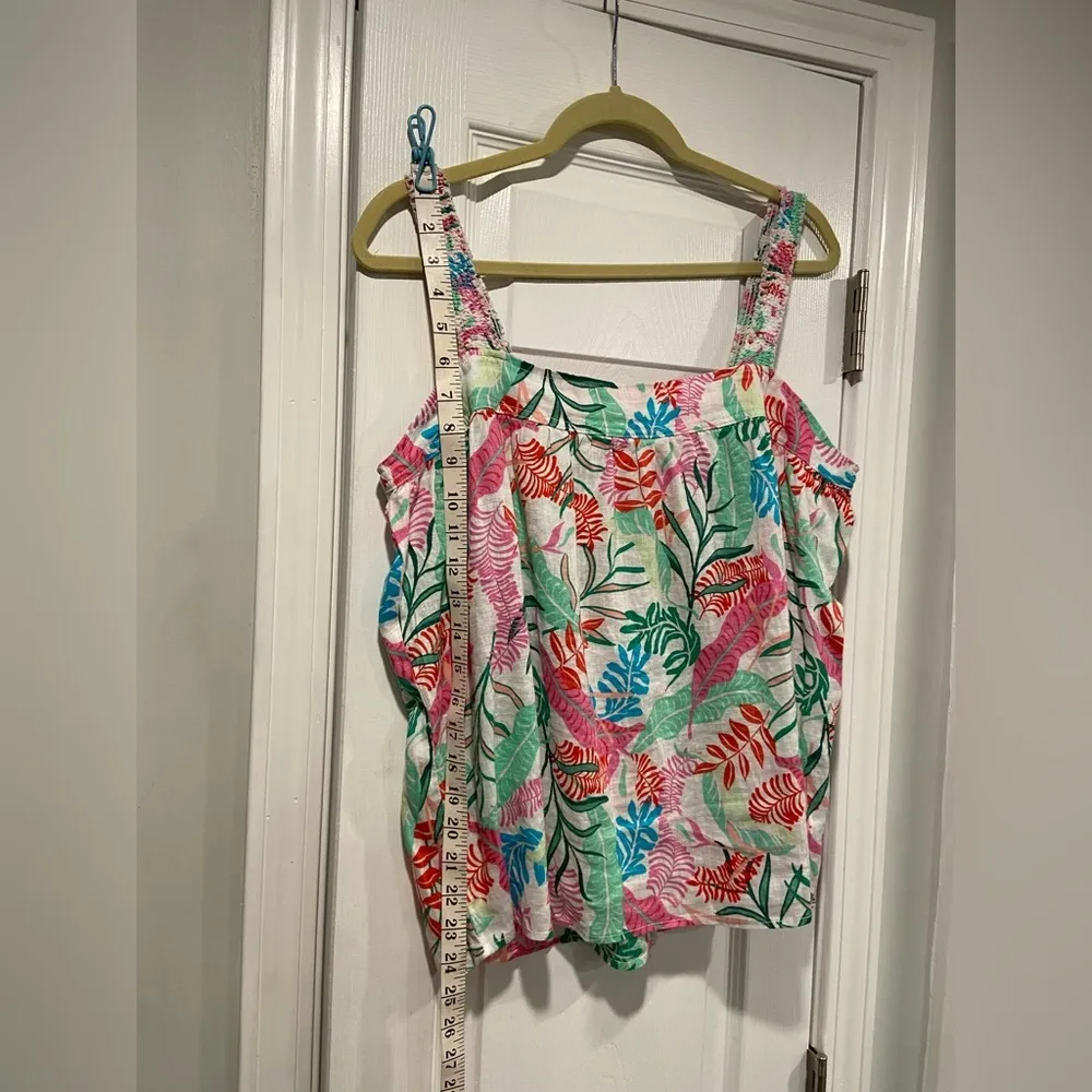 Cynthia Rowley Size L Smocked Strap 100% Linen Tropical Pearl Button Back Top - Image 7