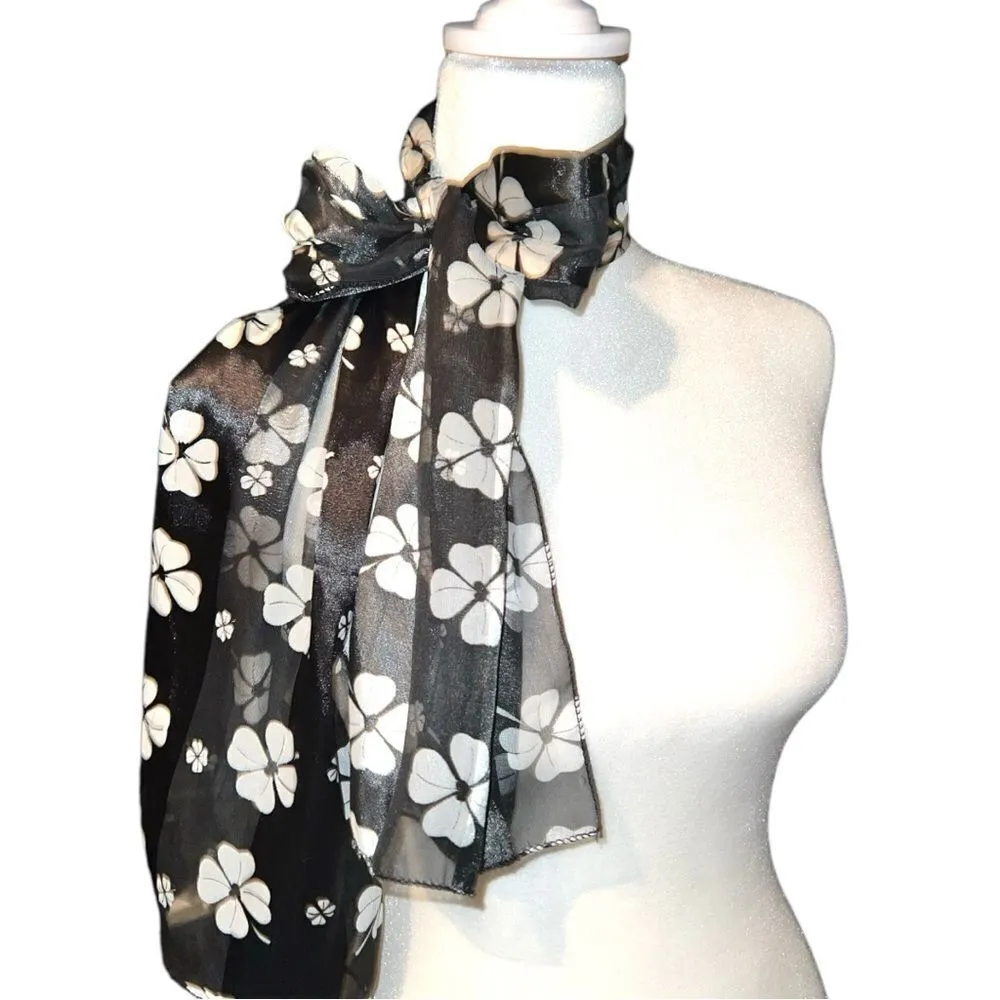 Beautiful black scarf with white 4 leaf clover print! Brand new! - Image 2