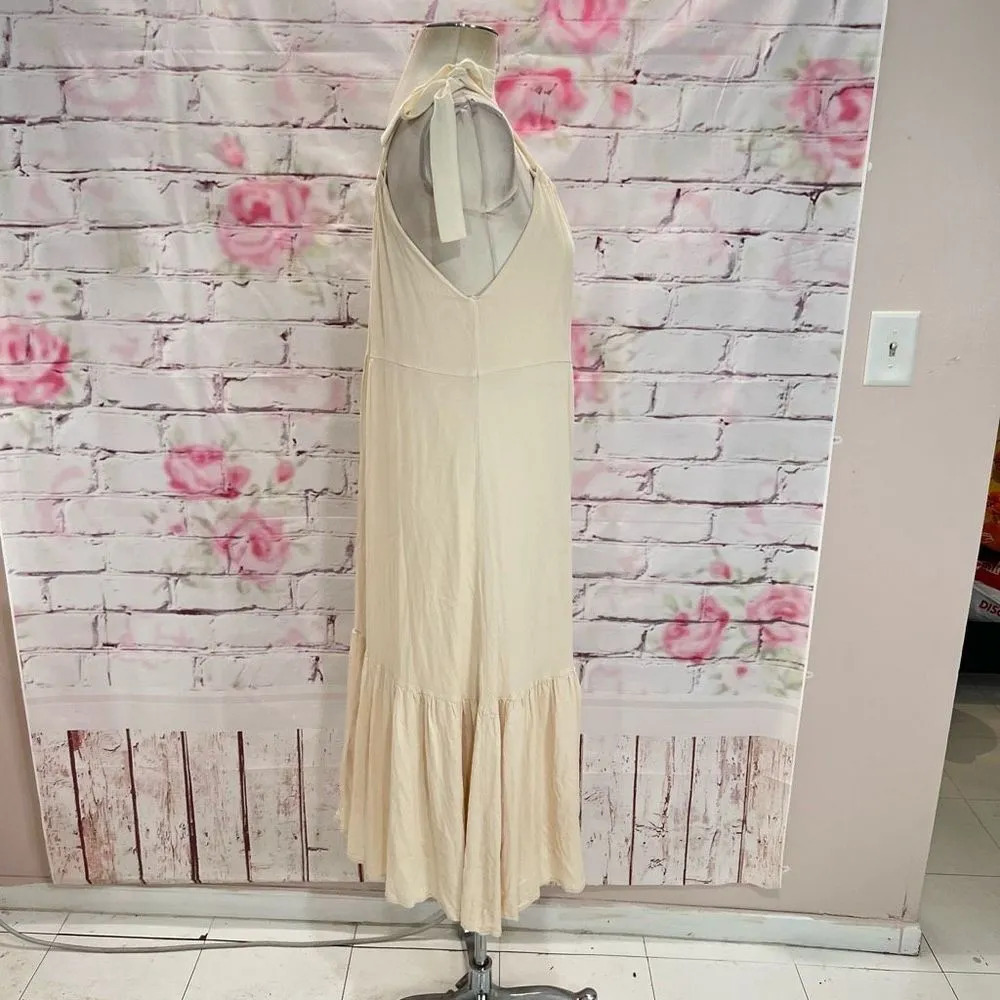 Lulus Women's Sleeveless Tie Ribbon Shoulder Ruffled Cream Maxi Dress Size L - Image 4