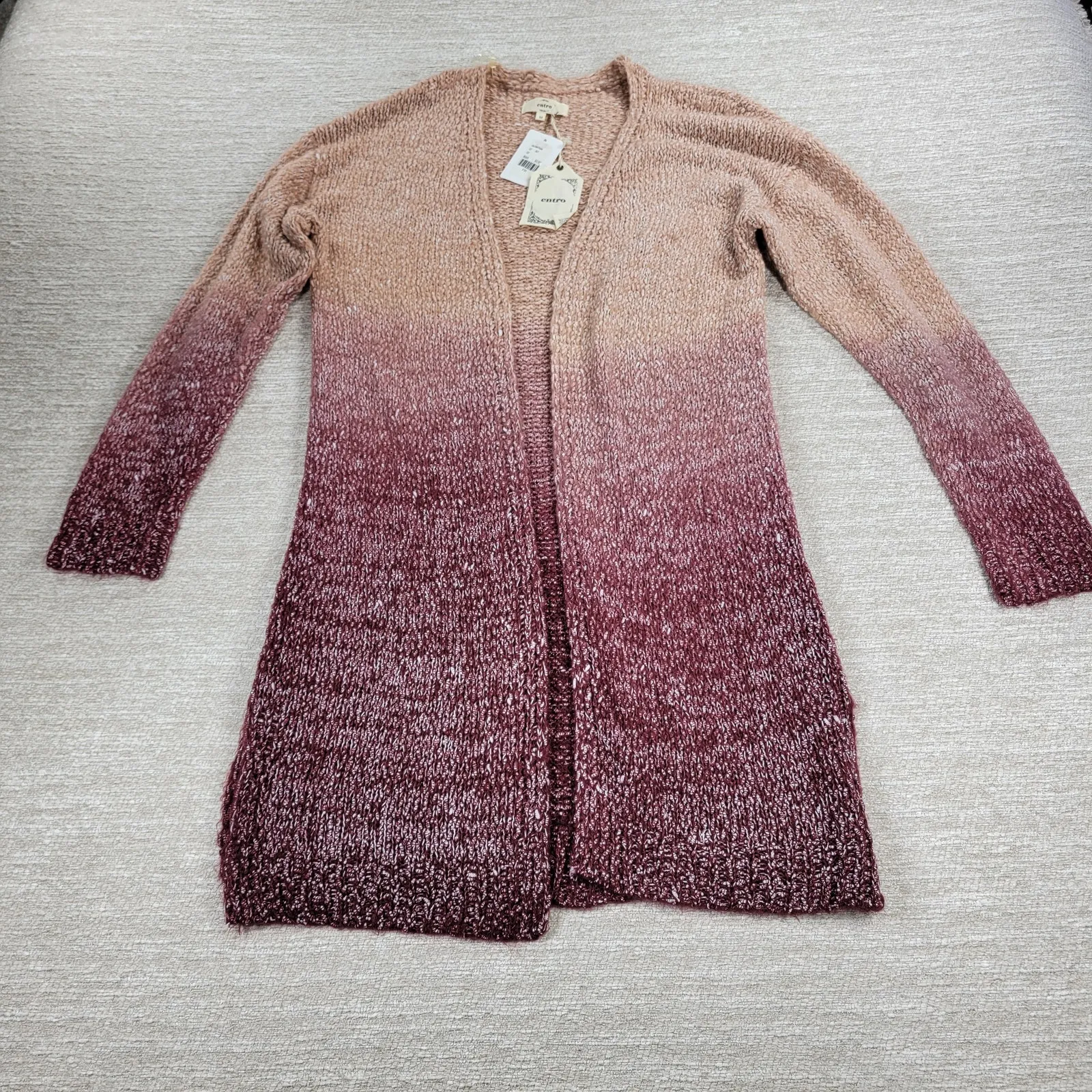 Entro Vilma Ombre Longline Open Cardigan Sweater Medium NWT Wine Blush Knit - Image 3