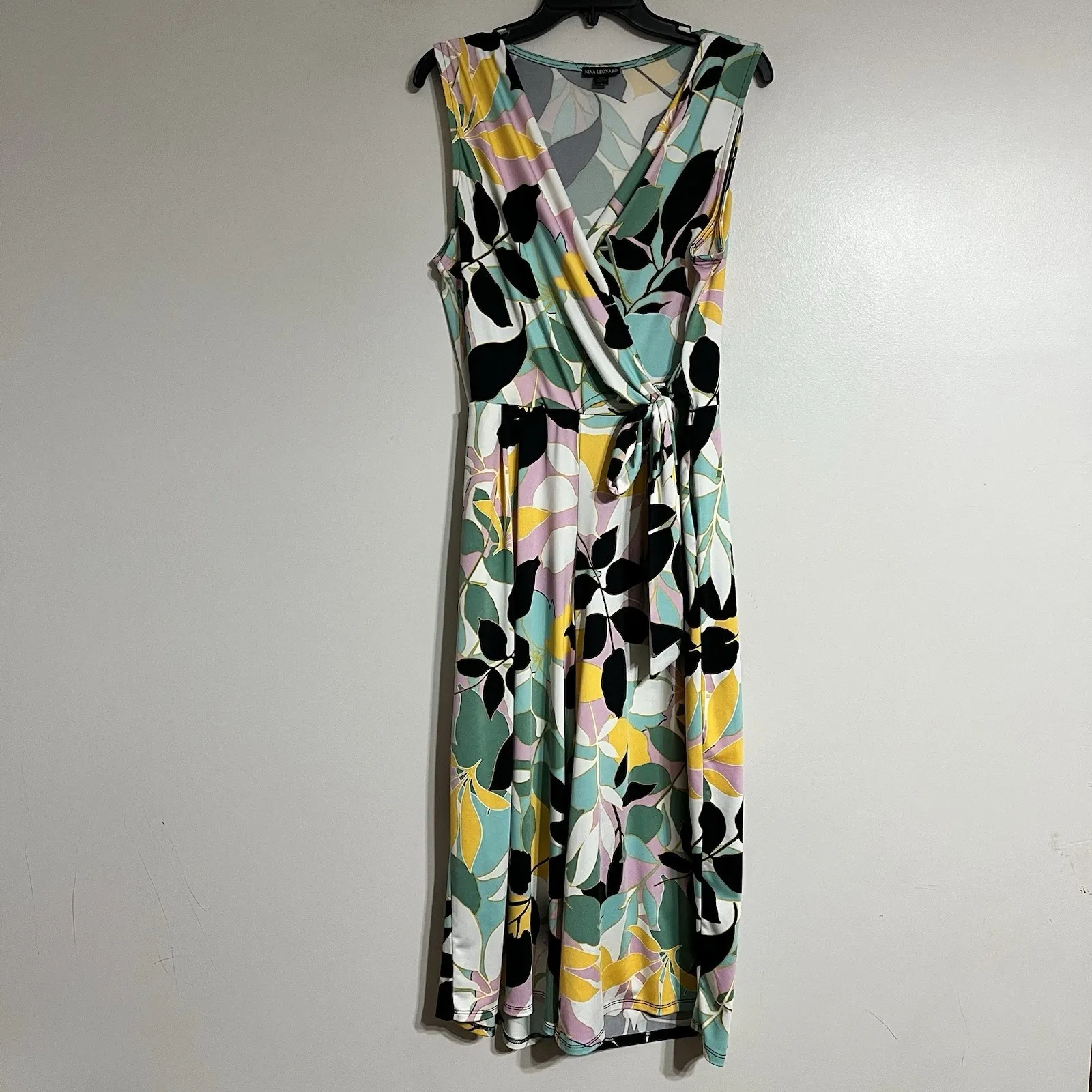 Nina Leonard Faux Wrap Jumpsuit Women Large Multicolor Floral V-Neck Tie Waist - Image 2