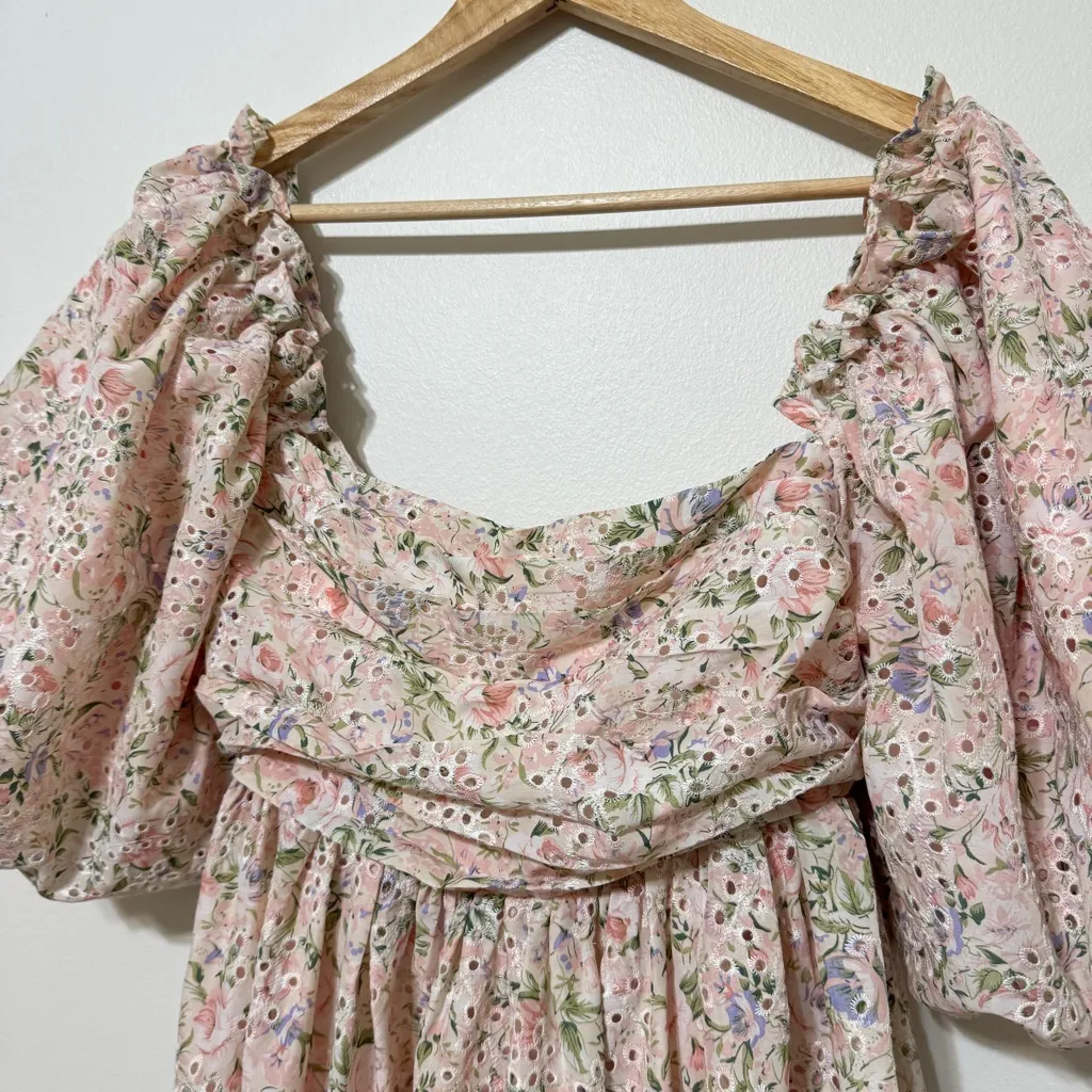 Mable Floral Babydoll Dress Size Medium Puff Sleeve party spring summer boho Pink - Image 4